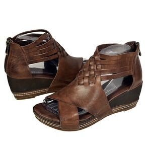 Antelope Tavi Brown Leather Woven Wedge Sandals Peep Toe Zip Size EU 38 US 7-7.5